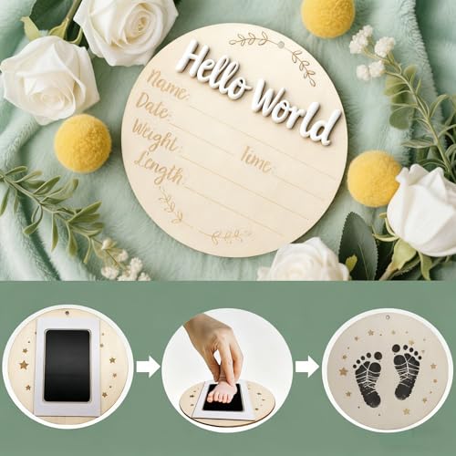 Wooden Baby Birth Announcement Sign with Footprint Ink Pad Set