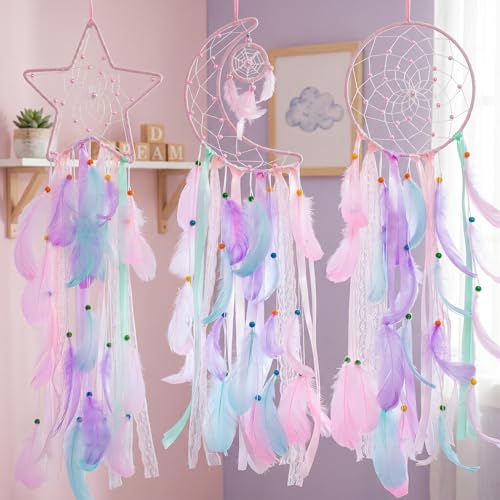 3-Piece Pink Dream Catcher Set - Star, Moon & Sun Wall Decor for Girls Room