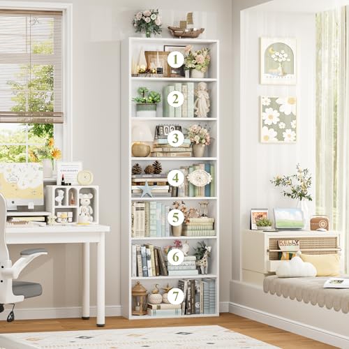 82-Inch 7-Tier Tall Bookshelf, Open Display Bookcase for Living Room