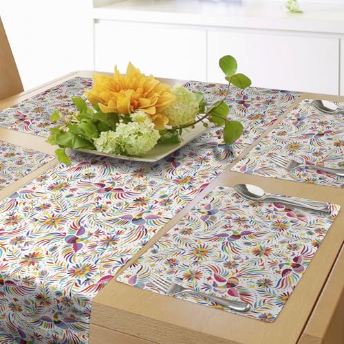 Ambesonne 4 Placements + 1 Runner Set 16x72in Red Cream - Mexican Nature Pattern