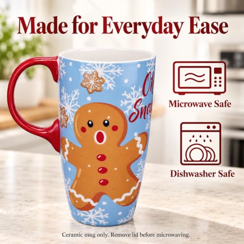 Topadorn Light Blue Christmas Ceramic Travel Mug with Gingerbread Man Lid 17oz