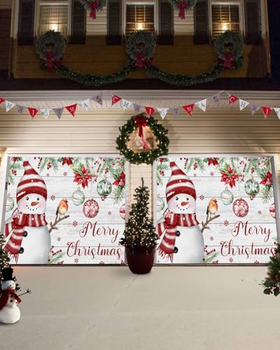 Red Snowman Christmas Garage Door Banner 7x8 ft Snowman Bird Xmas Decoration