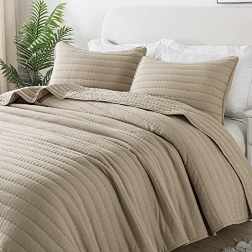 Beige Quilted Twin Size Quilt Set - Lightweight All-Season Bedding