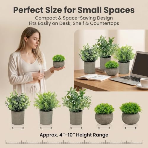 Small Artificial Potted Plants in Cement Pots - Faux Greenery Home Decor