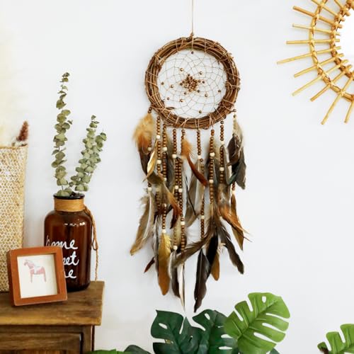 Boho Rattan Dream Catcher Wall Decor with Feathers and Wood Beads