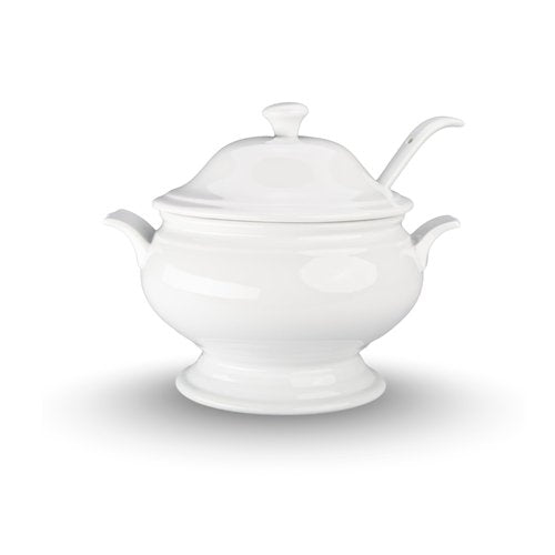 BIA Cordon Bleu Soup Tureen Set, White Porcelain 3-Piece - 3.5 Qt Bowl with Lid & 10" Ladle, Sturdy Handle, Microwaveable Elegant Dinnerware for Serving Soup, Stews, Desserts - Great for Holidays