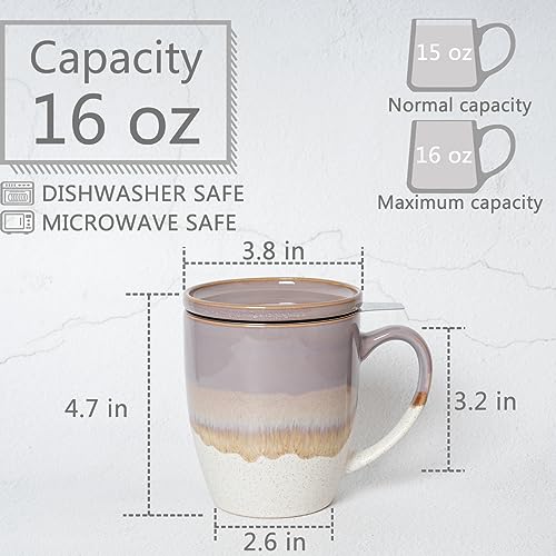 Bosmarlin 16oz Ceramic Tea Mug with Infuser, Lid & Reactive Glaze - Purple