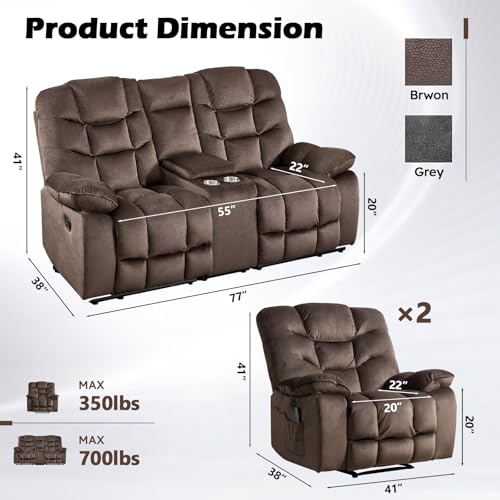3-Piece Reclining Living Room Sofa Set with Massage and Loveseat Storage