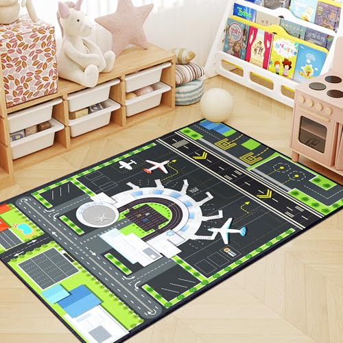 Airport Play Rug for Kids - 39x59 Inch Non-Slip Airplane City Traffic Mat