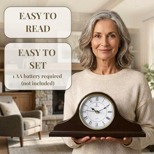 Solid Wood Mantel Clock, Silent Non-Chiming Battery Operated Table Clock