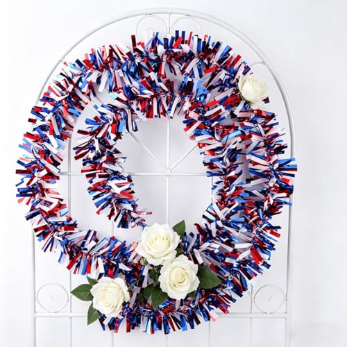 33ft Red White and Blue Patriotic Tinsel Garland for 4th of July Decor