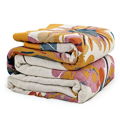 Boho 100% Cotton Throw Blanket - Soft Lightweight Woven Quilt for Couch & Bed