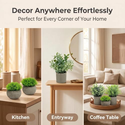 Small Artificial Potted Plants in Cement Pots - Faux Greenery Home Decor