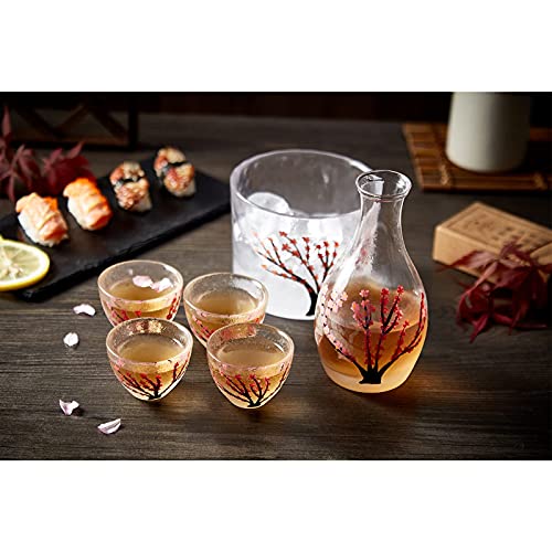 DUJUST Cherry Blossom Sake Set for 4 with Clear Glass Bottle & Cups - Pink Handcrafted Design