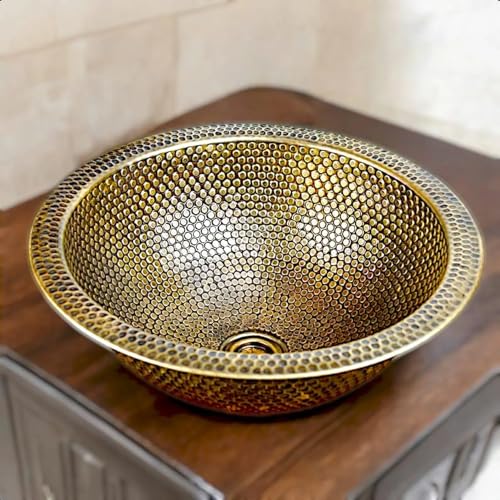 14-Inch Hand Hammered Brushed Brass Bathroom Sink, Dual Mount Round Basin