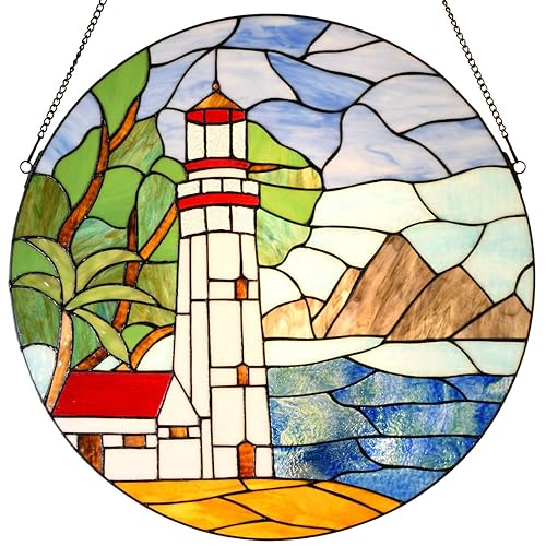 Tiffany-Style Stained Glass Lighthouse Window Panel - 22-Inch Round