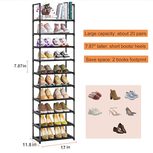 10-Tier Narrow Shoe Rack - Stackable Metal Storage Organizer for Entryway