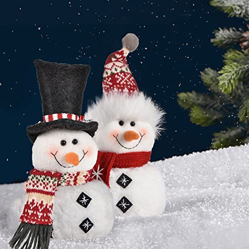Worldeco 2-Piece Christmas Snowman Plush Decor, Red Hat Adjustable Bowler, 9.75in & 12.25in