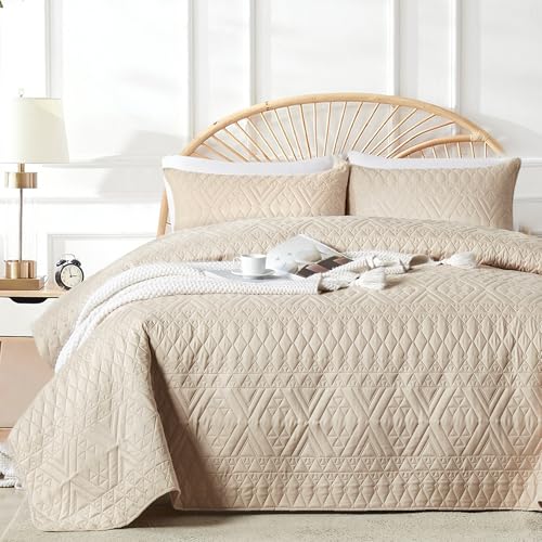 Lightweight Microfiber Quilt Bedding Set - Beige Full/Queen Coverlet 3-Piece