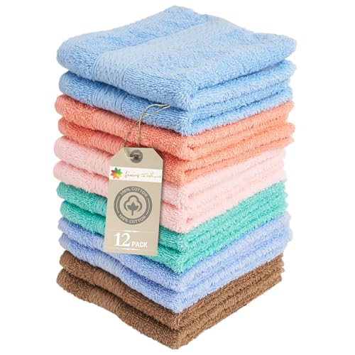Living Fashions 13x13 Inch Soft Cotton Washcloths 12 Pack - Highly Absorbent Face Towels