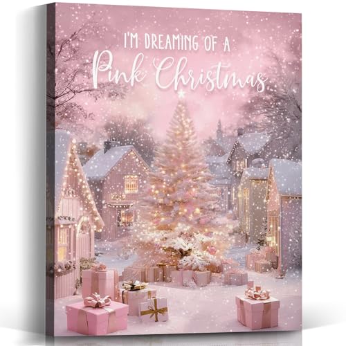 Voxitura Pink Snow Christmas Tree Wall Art Canvas 12x15in Holiday Decor