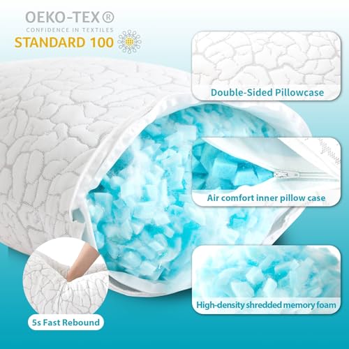 Cooling Memory Foam Pillows Queen Size Set of 2 | Adjustable Firm Support for Neck Pain Relief