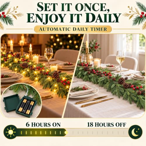 MERRI GLOW 9ft Real-Touch Norfolk Pine Garland - Pre-Lit Artificial Christmas Garland