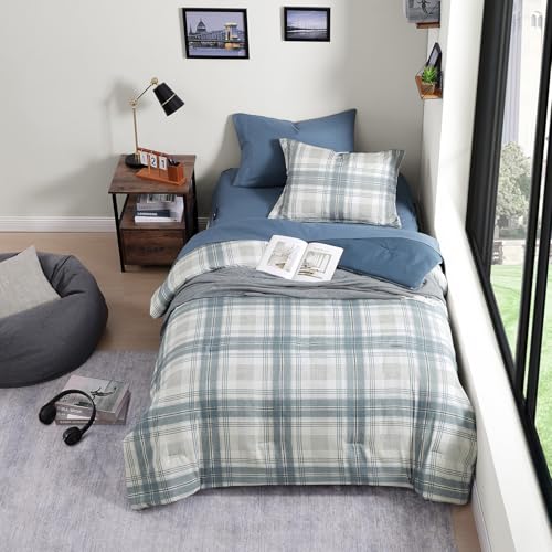 AMBERSPACE Plaid Twin XL Comforter Set, 5-Piece College Dorm Bedding Set