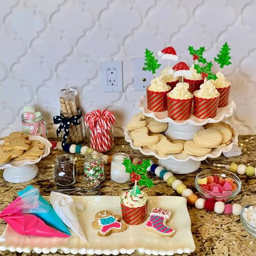 Ephlyn 24Pcs Christmas Santa Hat Cupcake Toppers Multicolor Glitter Holly Leaves Berries – Party Picks