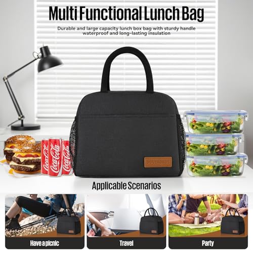 Insulated Lunch Bag Tote with Front Pocket & Bottle Holder for Work & School