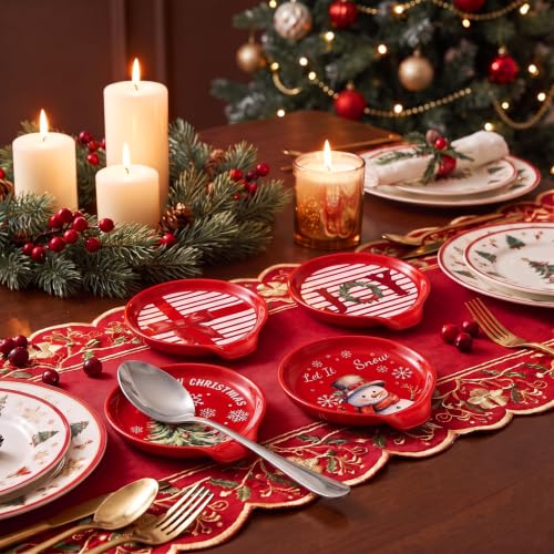 Domensi 4 Pcs Christmas Ceramic Spoon Rests Set - Snowman Christmas Tree Edition