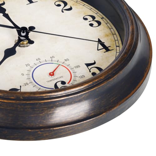 8-Inch Waterproof Outdoor Wall Clock with Thermometer, Bronze Finish