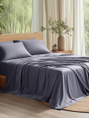 Bedsure Bamboo Queen Sheet Set - Cooling Silky Soft Bed Sheets, Dark Grey