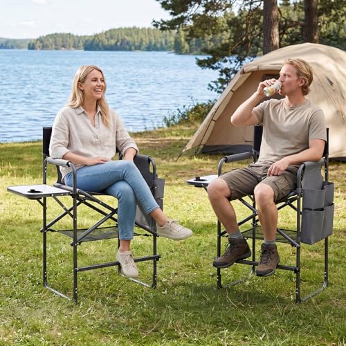 Folding Tall Director Chair with Side Table and Storage Pockets, 26" Seat