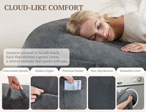 3ft Memory Foam Bean Bag Chair with Removable Velvet Cover, Dark Grey