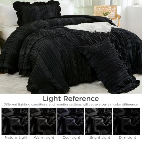Black King Comforter Set, 3-Piece Ruffle Seersucker Textured Bedding Set