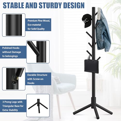 Adjustable Wooden Coat Rack Stand with 8 Hooks, Freestanding Pine Tree