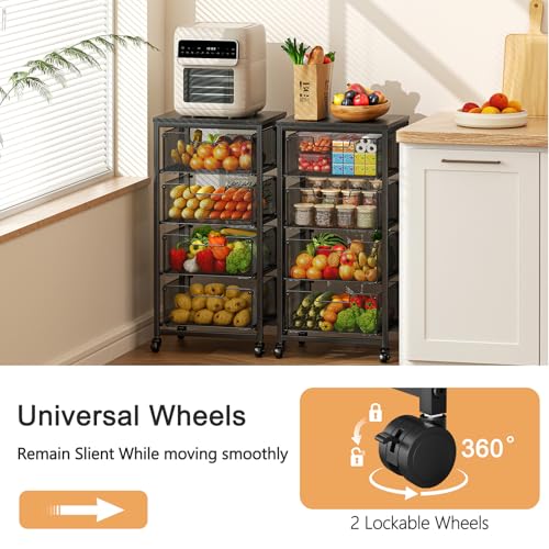 4-Tier Rolling Kitchen Storage Cart with Wooden Top & Wire Baskets