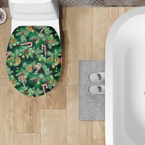 Christmas Candy Cane Toilet Seat Lid Cover for Bathroom – Universal 15"-21" Elf Holly Elastic Band