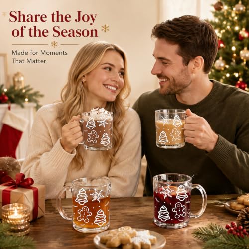 LemonRoad 4 Pcs Christmas Glass Coffee Mugs 12 oz Gingerbread Cups - Variation: 4 / Christmas