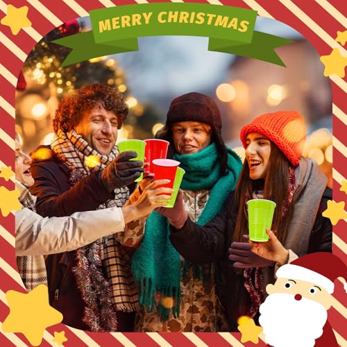 Green & Red 16oz Christmas Plastic Cups, 100-Pack, Stackable Disposable Party Cups
