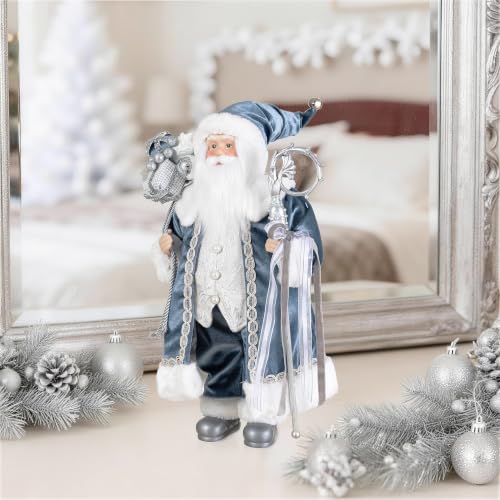 Glitzhome 18-inch Blue Santa Claus Figurine with Porcelain Face & Velvet Robe – Deluxe Faux Fur Holiday Decor
