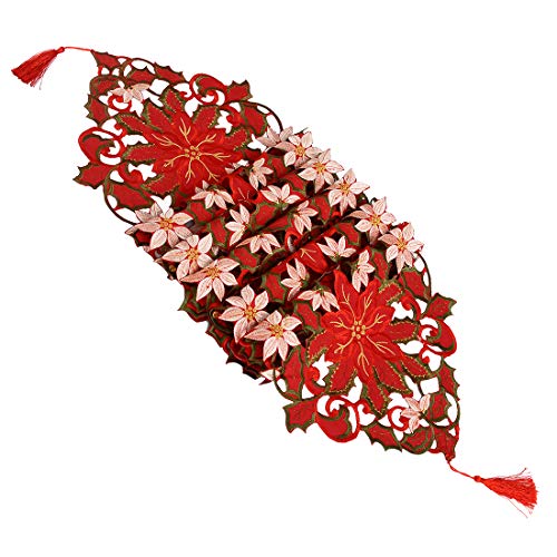 Simhomsen 13x120 Inch Embroidered Christmas Poinsettia Table Runner with Removable Tassels
