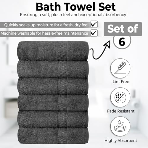 100% Cotton Bath Towels 24x48 - Ultra Soft & Absorbent Grey Set of 6