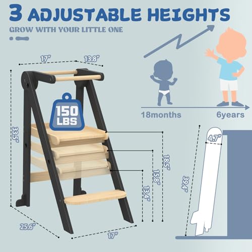 Foldable Toddler Kitchen Stool - 3-Height Adjustable Wooden Learning Tower