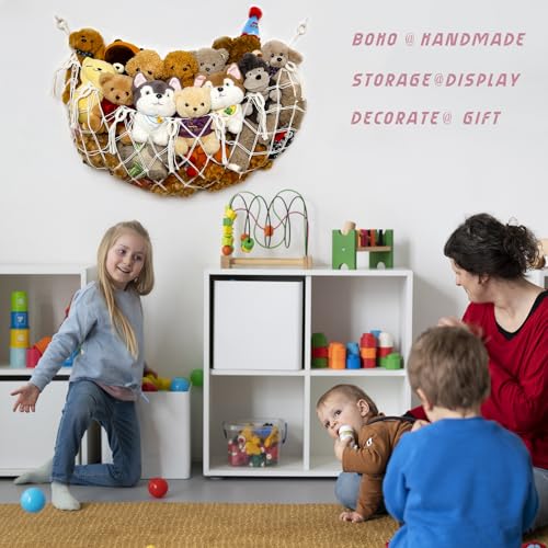 Macrame Stuffed Animal Hammock - Wall Hanging Toy Storage Organizer, 49"