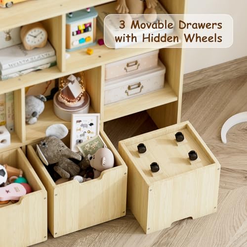 Solid Pine Wood Toy Organizer with 3 Rolling Drawers and 5 Storage Cubes