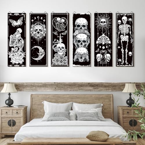 6-Piece Gothic Skull Wall Art Set, Wooden Boho Sun and Moon Decor