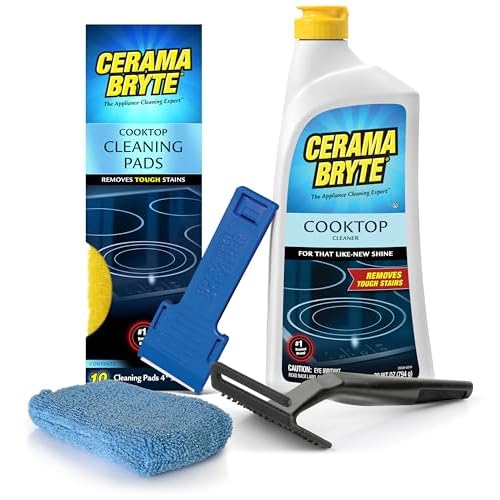 Cerama Bryte Complete Cooktop Cleaning Kit, 10 Cleaner Pads, 1 POW-R Grip Tool, 1 Scraper, and 1 Microfiber Cloth, 28 Fl Oz