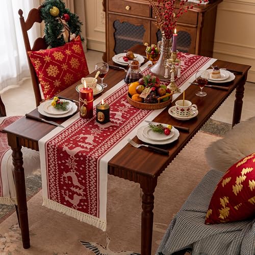 UWWGKK Red 14x63 Inch Elk Table Runner with Tassel Fringe for Christmas & Holiday Decor